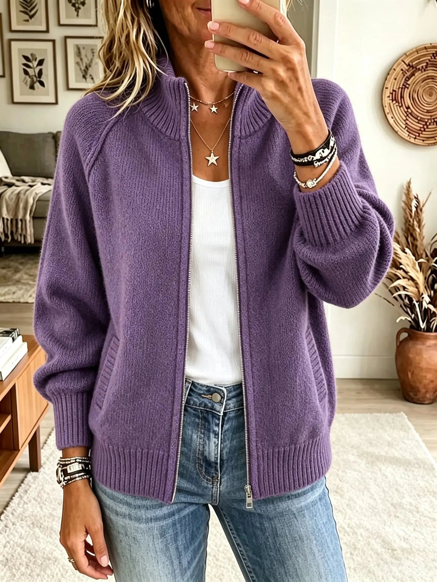 Women's Full-Zip Ribbed Knit Bomber Cardigan