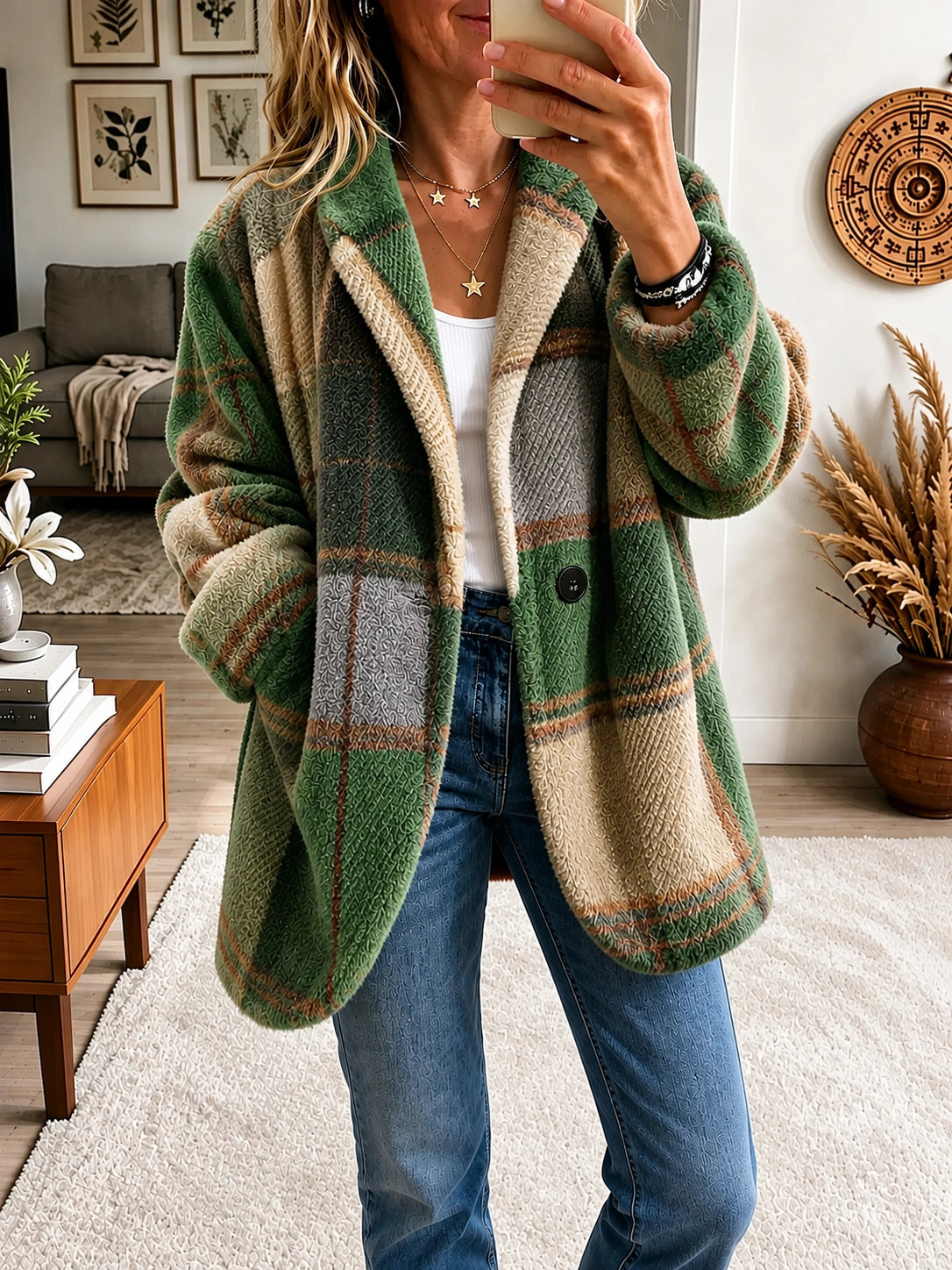 Vibrant Plaid Fuzzy Fleece Jacket